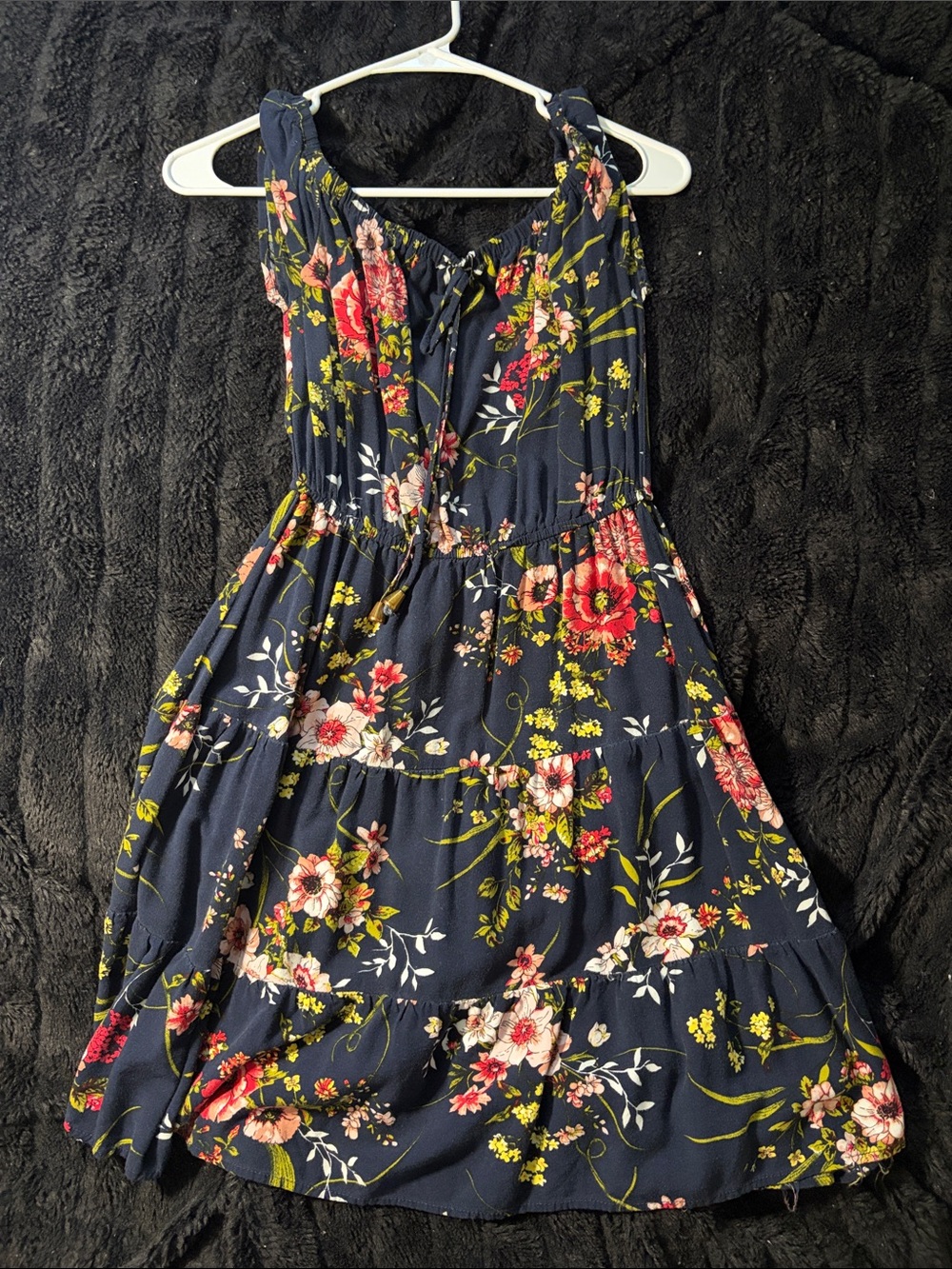 Source Unknown Navy Floral Tiered Midi Dress with Pink & Yellow Blooms